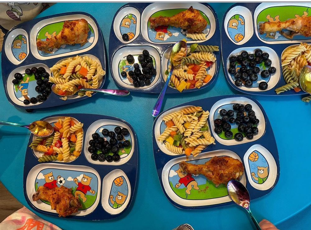 Home-cooked lunch served on divided toddler plates: roasted chicken, pasta salad with peppers, and blueberries